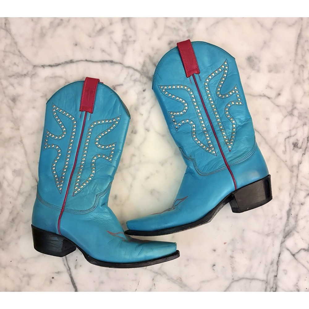 FRYE Turquoise Blue & Red Leather Cowboy Boots Cowgirl Women's Size 8
